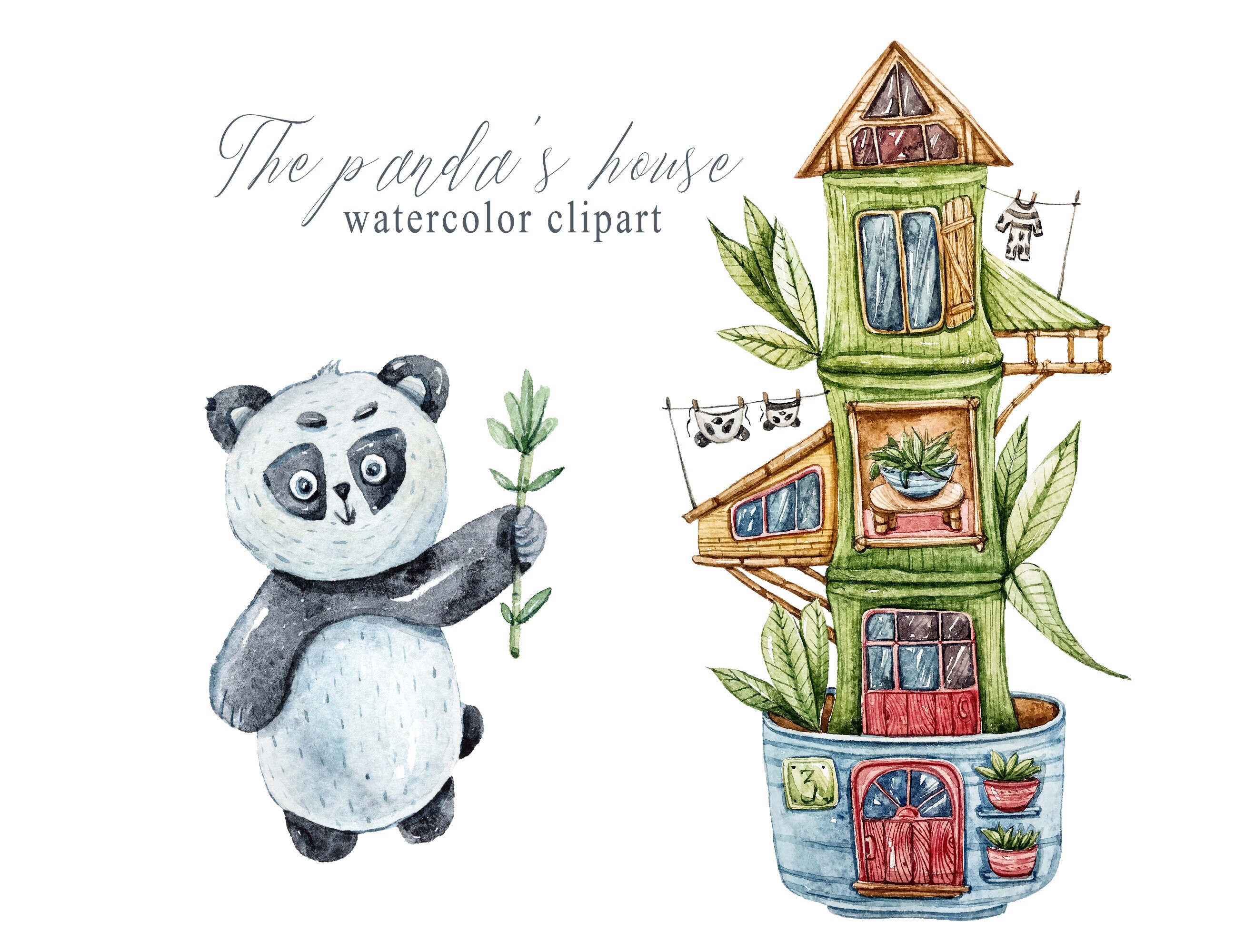 Download Watercolor Panda House Clipart Cute Baby Shower Clipart Etsy