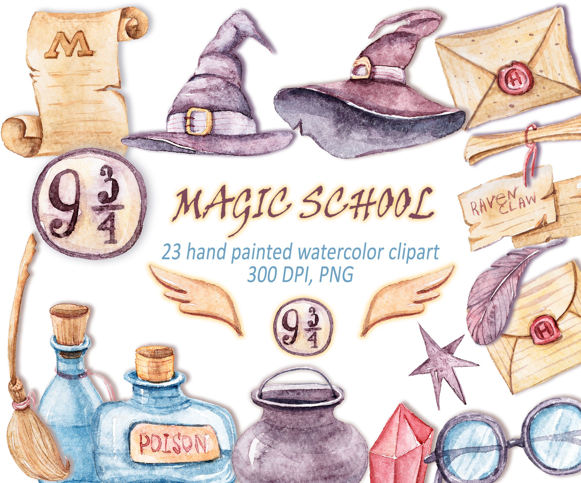 23 watercolor Harry Potter cliparts. 3 seamless patterns. PNG. | Etsy