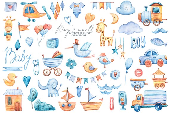 Download Watercolor Clipart Cute Baby Boy Shower Printable Clip Art Etsy