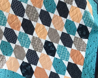 Modern, Handmade Baby Boy Quilt, Navy, Teal, Tan and Orange Fabrics