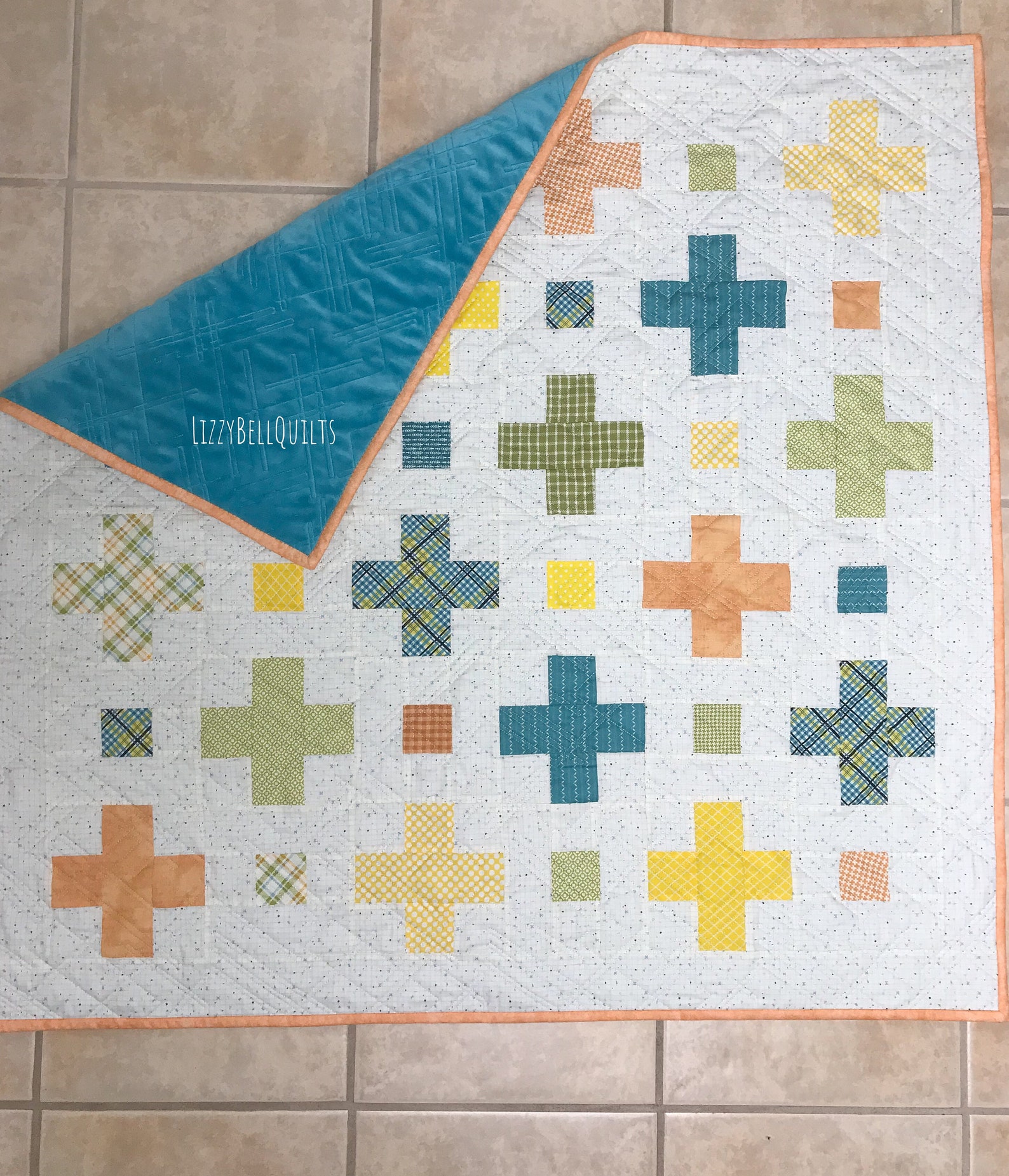 New Modern Plus Sign Baby Quilt, Gender Neutral, Soft Blue Minky Back