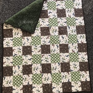 New! Woodland Animal Baby Quilt, Elk, Deer, Moose and Bear, Handmade Baby Boy Quilt, Forest Green Minky Backing, Soft and Cuddly