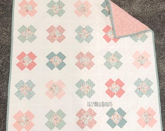 New! Floral Baby Quilt, Pink and Teal Patchwork Baby Blanket Newborn Baby Gift, Toddler quilt, Play Mat