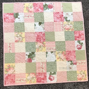 Floral Patchwork Baby Quilt, Pink Green Cream Paris Fabric, Pink Cotton Backing