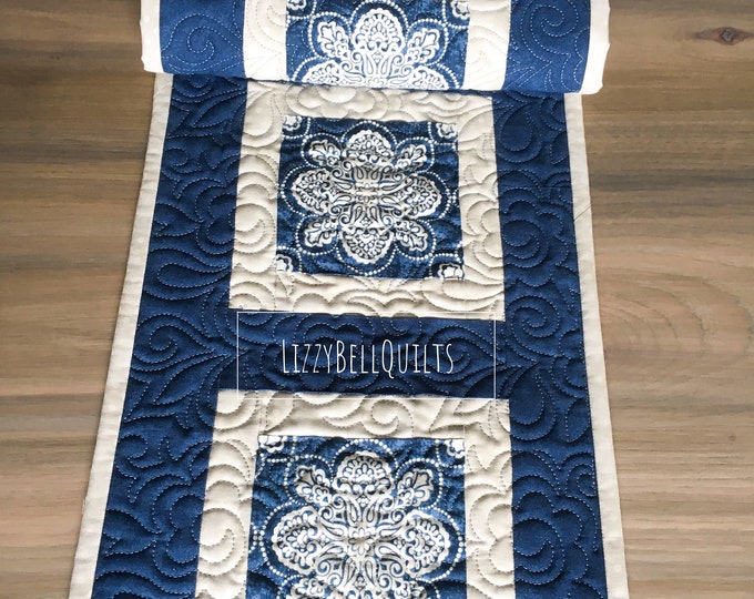 Blue and Gray Table Runner Quilted Table Runner Table Etsy