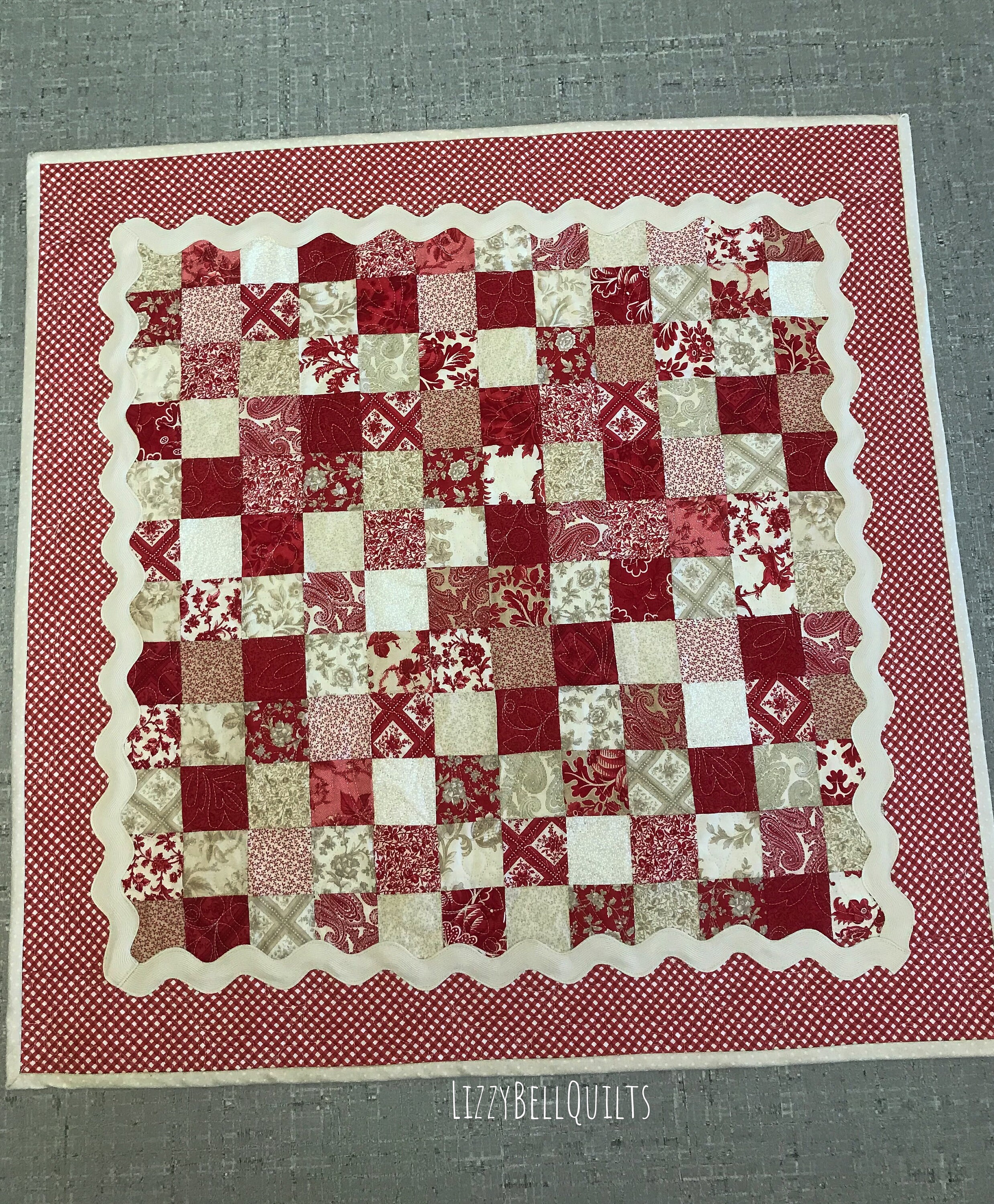One of a Kind, Rich Red, Cream and Tan Quilted Table Runner, Square ...