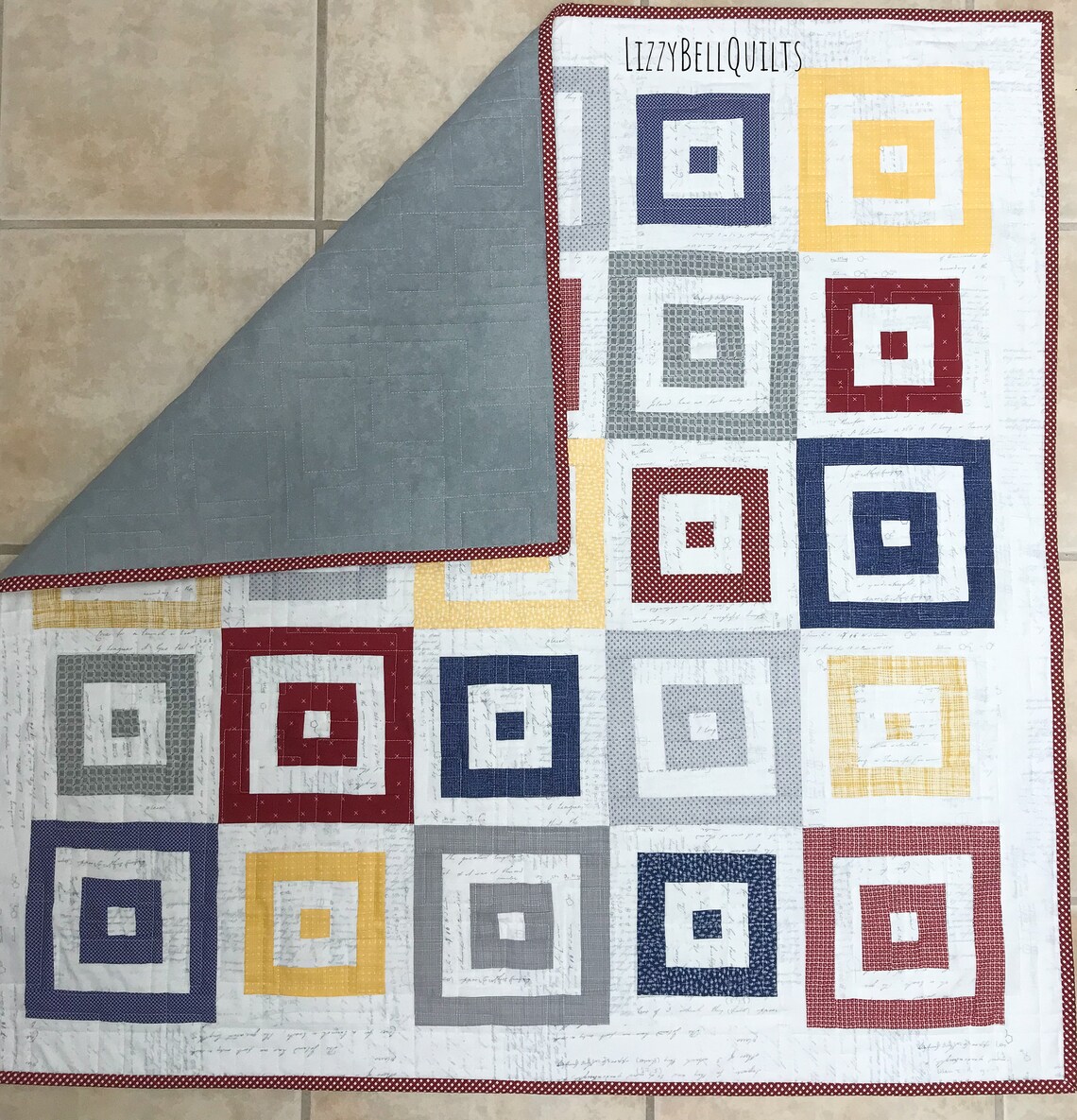 New Baby Quilt Square in a Square Blue Red Yellow and Etsy