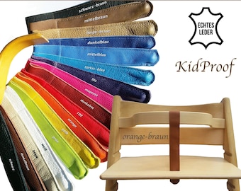 KidProof eco genuine leather strap for high chair compatible with Stokke Tripp Trapp, Roba, Treppy, Safety and many more. Crotch strap for wooden bar front bar