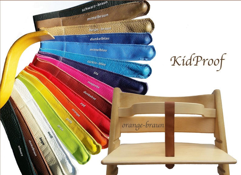 KidProof eco genuine leather strap for high chair compatible with Stokke Tripp Trapp, Roba, Treppy, Safety and many more. Crotch strap for wooden bar front bar image 1