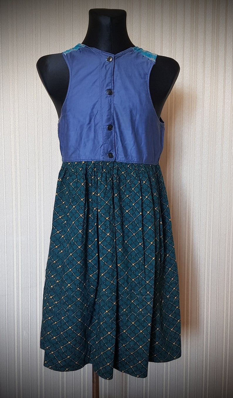 Vintage long dress Antique Ukrainian sarafan Ancient dress Casual long green sundress Sleeveless dress