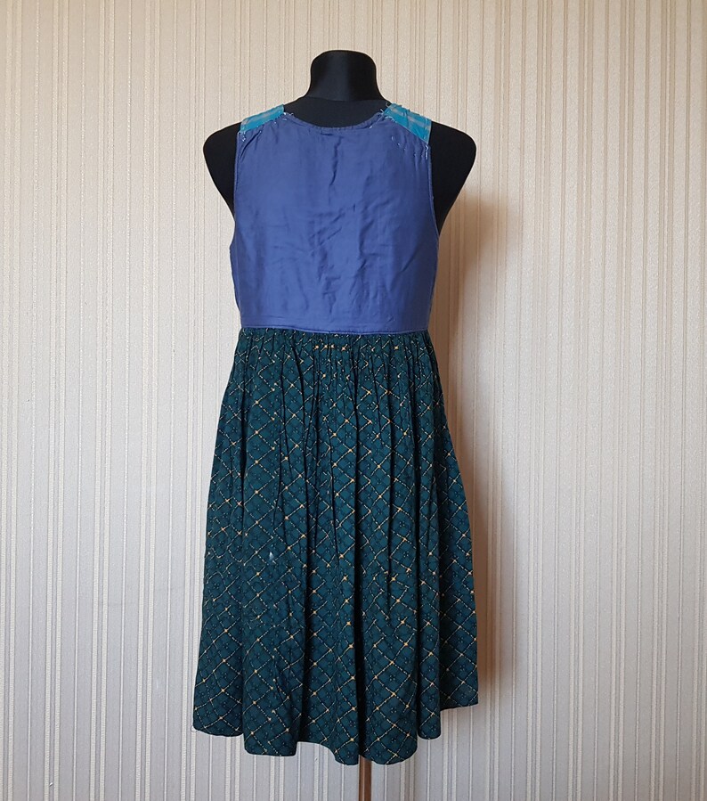 Vintage long dress Antique Ukrainian sarafan Ancient dress Casual long green sundress Sleeveless dress