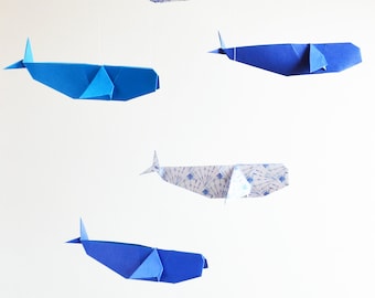 Origami Mobile Whale (dark blue/light blue/white, patterned)