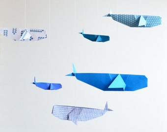 Origami Mobile Baleines (bleu foncé/bleu clair/blanc, à motifs)