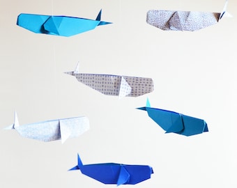 Origami Mobiele Walvis (donkerblauw/lichtblauw/wit, patroon)