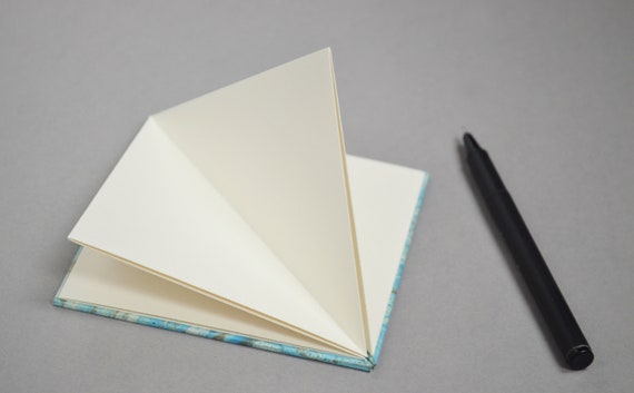 Leporello Folding Book Triangular Marbled Paper In Blue Tones 11 Cm X 11 Cm X 156 Cm