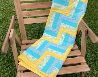 Handmade Baby Quilt, Modern Blue Yellow Geometric Throw, 36x48