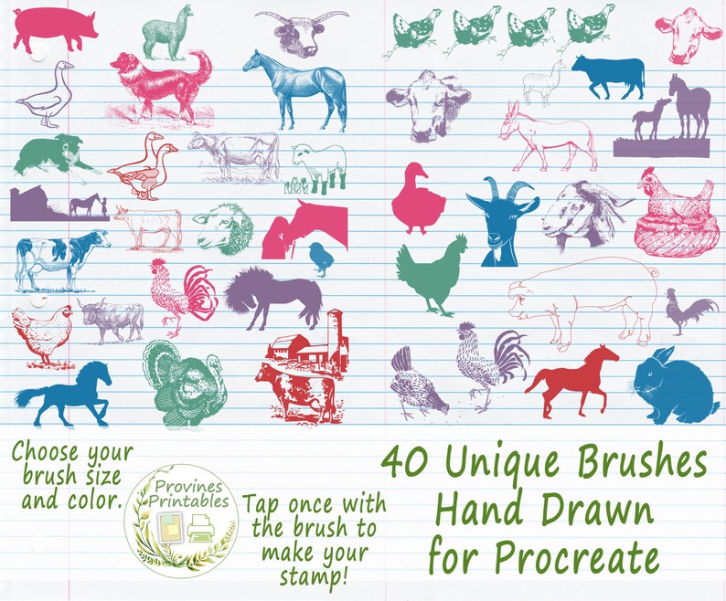 Procreate Stamp Brushes Brush Set Farm Animals Retro Horse Cow Etsy