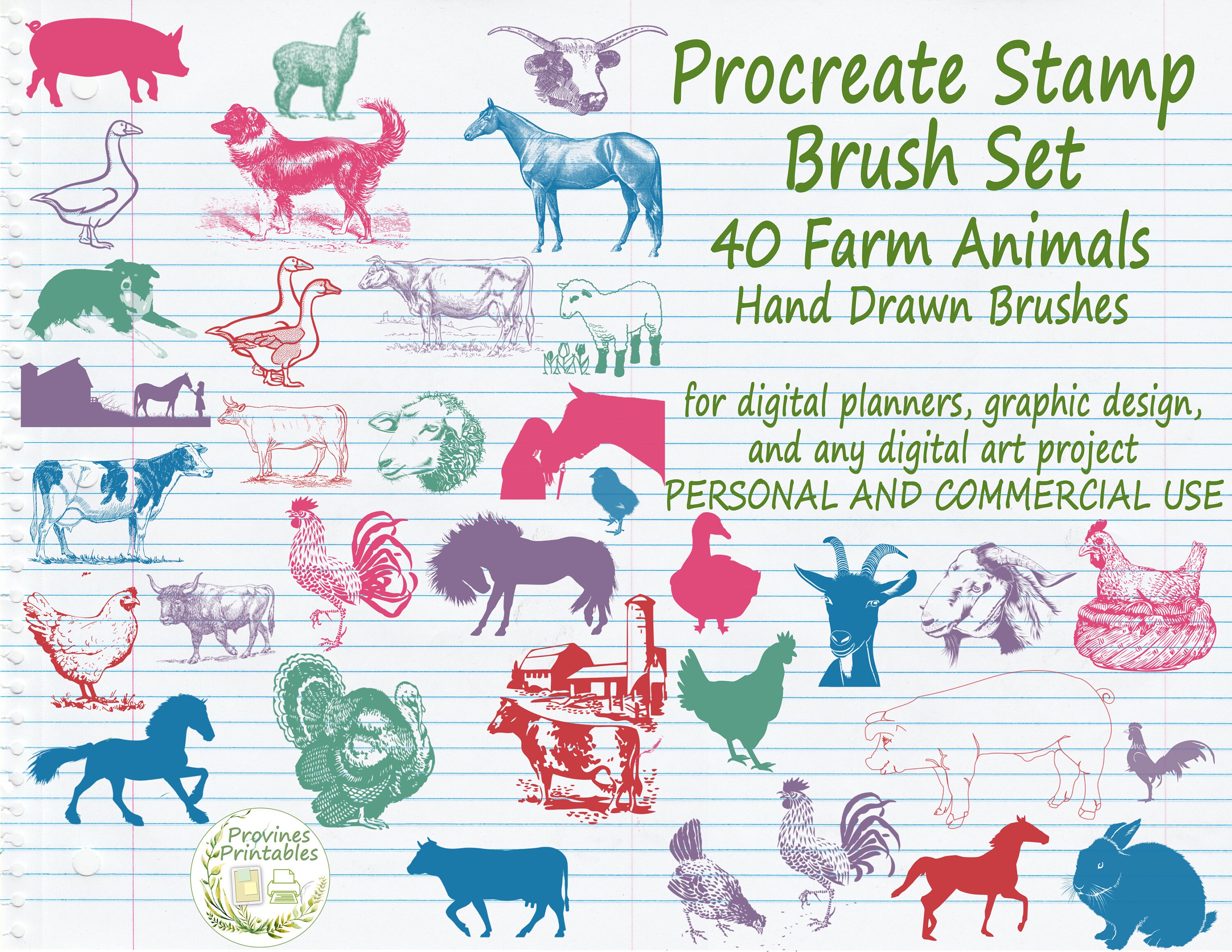 Procreate Stamp Brushes Brush Set Farm Animals Retro Horse Cow Etsy