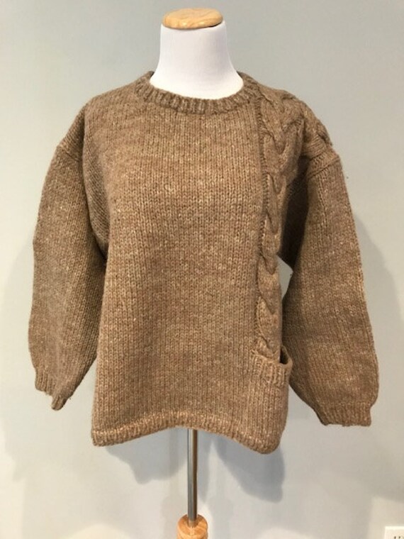 Vintage Tan Beige Hand Knitted Wool Sweater with P