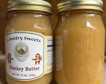 Mantequilla de mono Country Sweets, frasco de 19 oz, plátanos, piña y mango