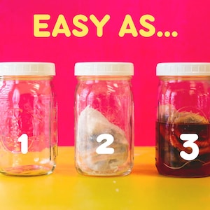 May include: Three glass jars with white lids, labelled 1, 2, and 3. The jars are on a yellow surface with a pink background. The jar labelled 1 is empty. The jar labelled 2 contains a tea bag. The jar labelled 3 contains a tea bag and brown liquid.