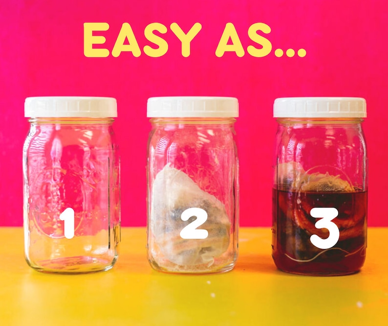 May include: Three glass jars with white lids, labelled 1, 2, and 3. The jars are on a yellow surface with a pink background. The jar labelled 1 is empty. The jar labelled 2 contains a tea bag. The jar labelled 3 contains a tea bag and brown liquid.