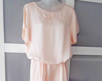 Blush Pink Silk Dress Annees Lauder Slip Dress Designer Dressing Gown Pink Long Drop Waist Embroidered 80s Loose Robe Kimono Bridal Gown