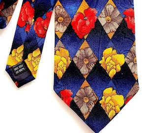 Floral Tie SAZZARI ITALY 80s Designer Necktie SIlk Blue Yellow Red Floral Diamond Shape Design Wedding Suit Accessories Unique Gifts Him