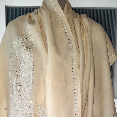 Wool Shawl Cream White Embroidered Silver Sequin Floral Design Long Fringes CASHMERE Kashimiri Wool Shoulder shops Wrap Scarf Bridal Wedding Gifts