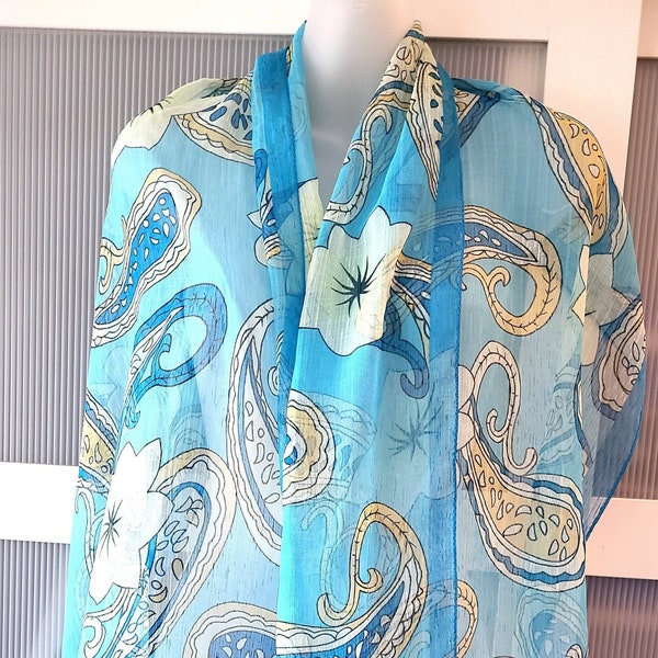 BLUE SHAWL Floral Paisley Design Greenish Yellow Big Flowers Print Scarf Neck Wrap Dress Jacket Shirt Fashion Accessories Wedding Gifts Her