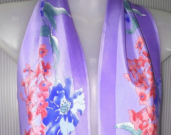 Purple Silk  Scarf VERA Desogner Blue Pink Floral Print Sash Wingtiip Pointed Ends Neck Wrap Headband Hair Tie Bag Decor Women Unique Gifts