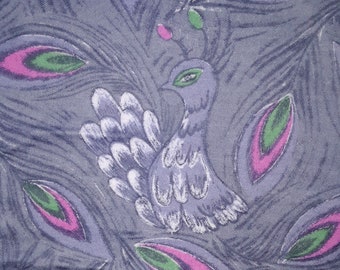 Peacock Fabric Birds Animal Print Flannel Grey Green Pink Feathers Soft Quilting Crafts Sewing