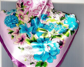 Pink Floral Scarf: Blue Flower Design, Silk Satin Wrap 