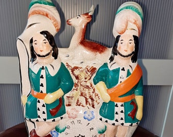 Pair of STAFFORDSHIRE Reproduction Figurines Scottish Hunters Deer Clock Ceramic Men Mantel Desktop Home Decor Valentines Day Gifts For Him