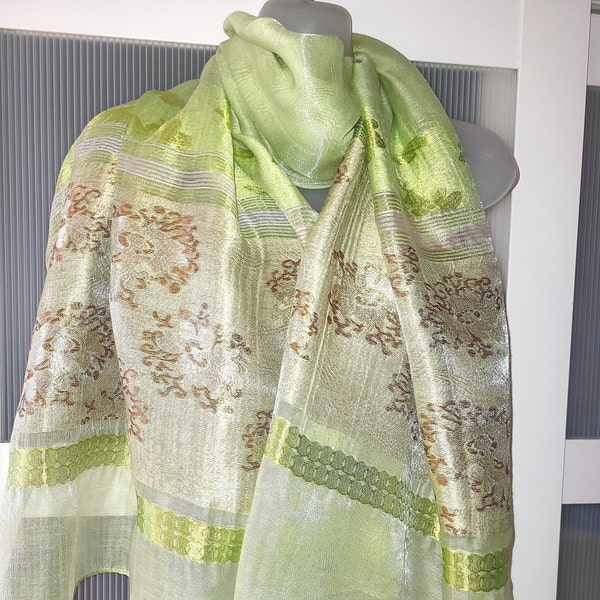 GREEN GOLD Scarf SHAWL Shoulder Wrap Light Lime Green Brown Floral Design Wedding Bridal Bridesmaids Fashion Dress Accessories Unique Gifts