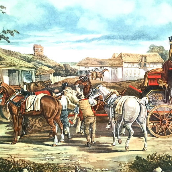 Horses Decor CHANGING HORSES Art by Charles Cooper Henderson Stagecoach Horses Vintage Placemat Pimpernel UK Plaque Wall Hanging Home Decor