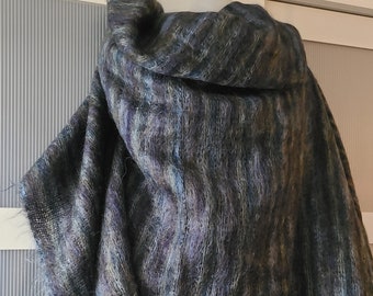 MOHAIR THROW WOOL Dark Grey Gray Green Blue Striped Design Shoulder Wrap Shawl Blanket Winter Warm Comforting Gifts for Men Women Him Her
