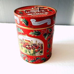 Music Box Gingerbread Cookies Music Jar LAMBERTZ AACHEN 1999 Germany Tin Tall Cylinder Christmas Kitchen Living Room Decor Ornament Gifts