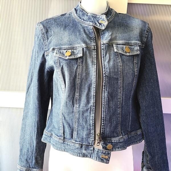 JEAN JACKET I.N.C. Jeans Women Short Cropped Jacket Stand Up Collar Motorcycle Fashion Biker Jacket Vintage Clothing Unique Best Gifts Her