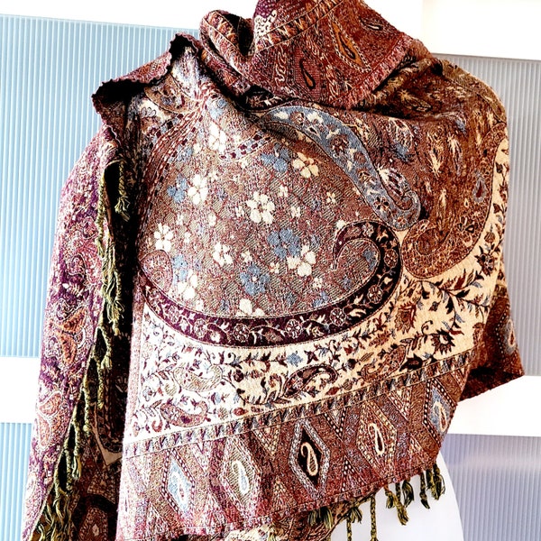 BROWN SHAWL Scarf Wrap Floral Design Blue Orange Flowers Paisley Persian Style Wool Tapestry Texture Fancy Fashion Accessories Gifts for Her