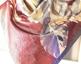 Metallic Floral Scarf: Burgundy, Silver, Beige Peony Print