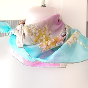 Blue Pink Scarf Small Square Cotton Bandana  Yellow Flowers Teal Yellow Floral Design Neck Wrap Headband Hair Tie Bag Decor Gift for Her