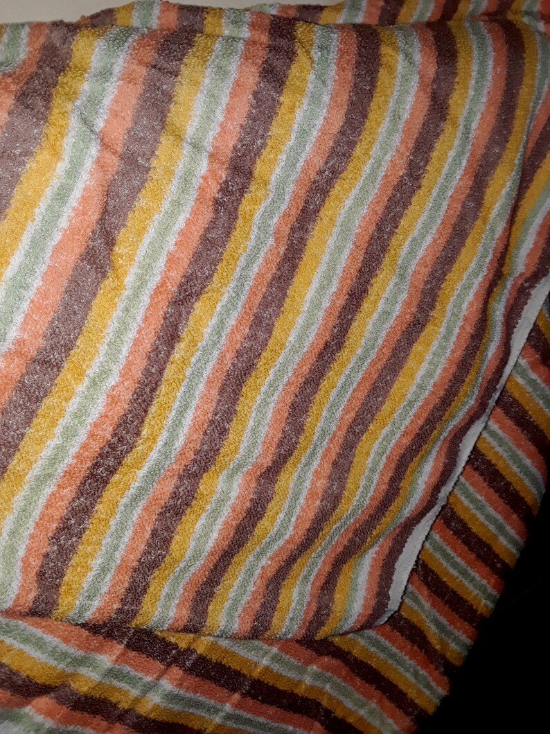 3.27 yards Vintage 90s Terry Cloth Fabric Striped Orange Green Brown Bath Towel Hand towel Beach Wide Long Striped Cotton Fabric Boho Style