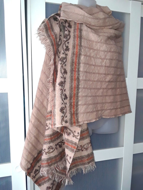 WOOL SHAWL Beige with Brown Orange Embroidery Blan