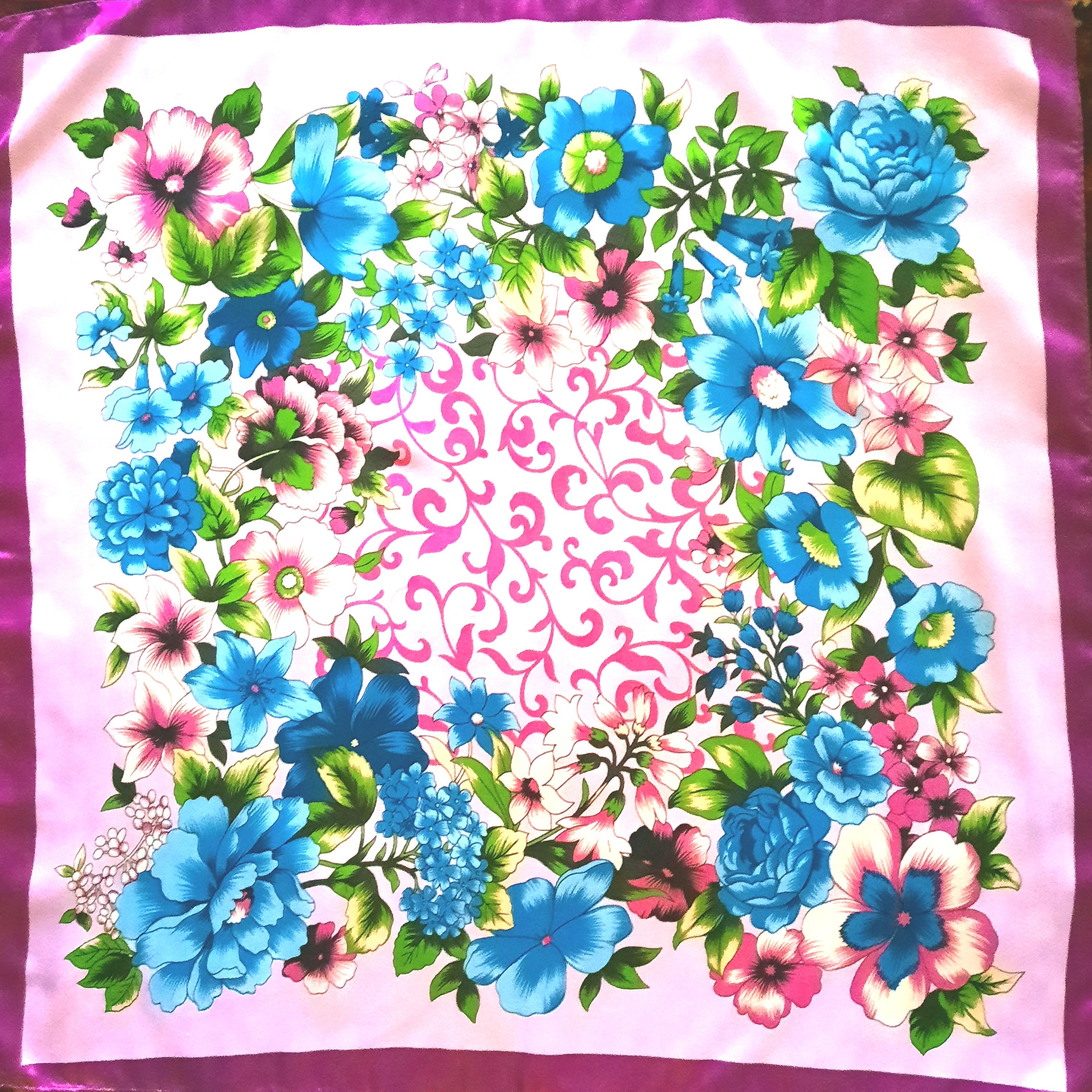 Vintage Floral scarf silk  Headband in Pink and Blue new! Vintage Tropical Floral Scarf, Silk – Ian Drummond Vintage main image 4