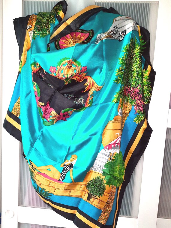 Teal Scarf Vintage 60s Silk Florida Cadillac Print Blue Yellow