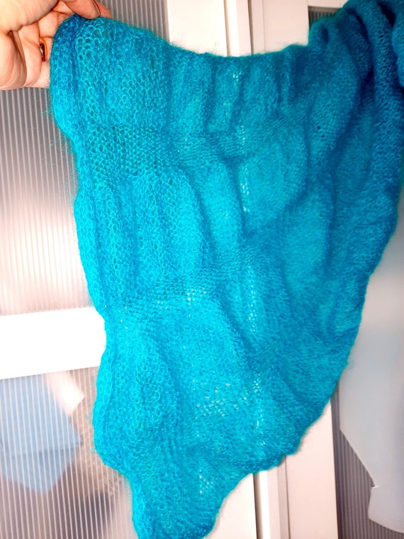 Teal Blue Green ANGORA WOOL Scarf Hand Knitted Lo… - image 4