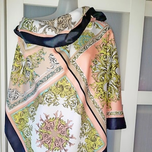 PINK BAROQUE SCARF Large Square Scarf Blush Pink Teal Blue Yellow Green Floral Design Neck Wrap Jacket Shirt Accessories Unique Gift for Her