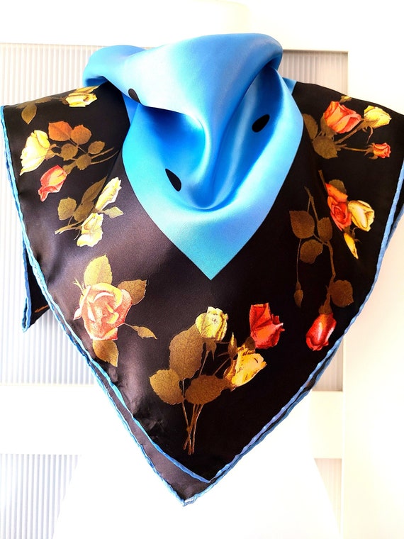 Blue Scarf with Orange Yellow Roses SILK SATIN SC… - image 1