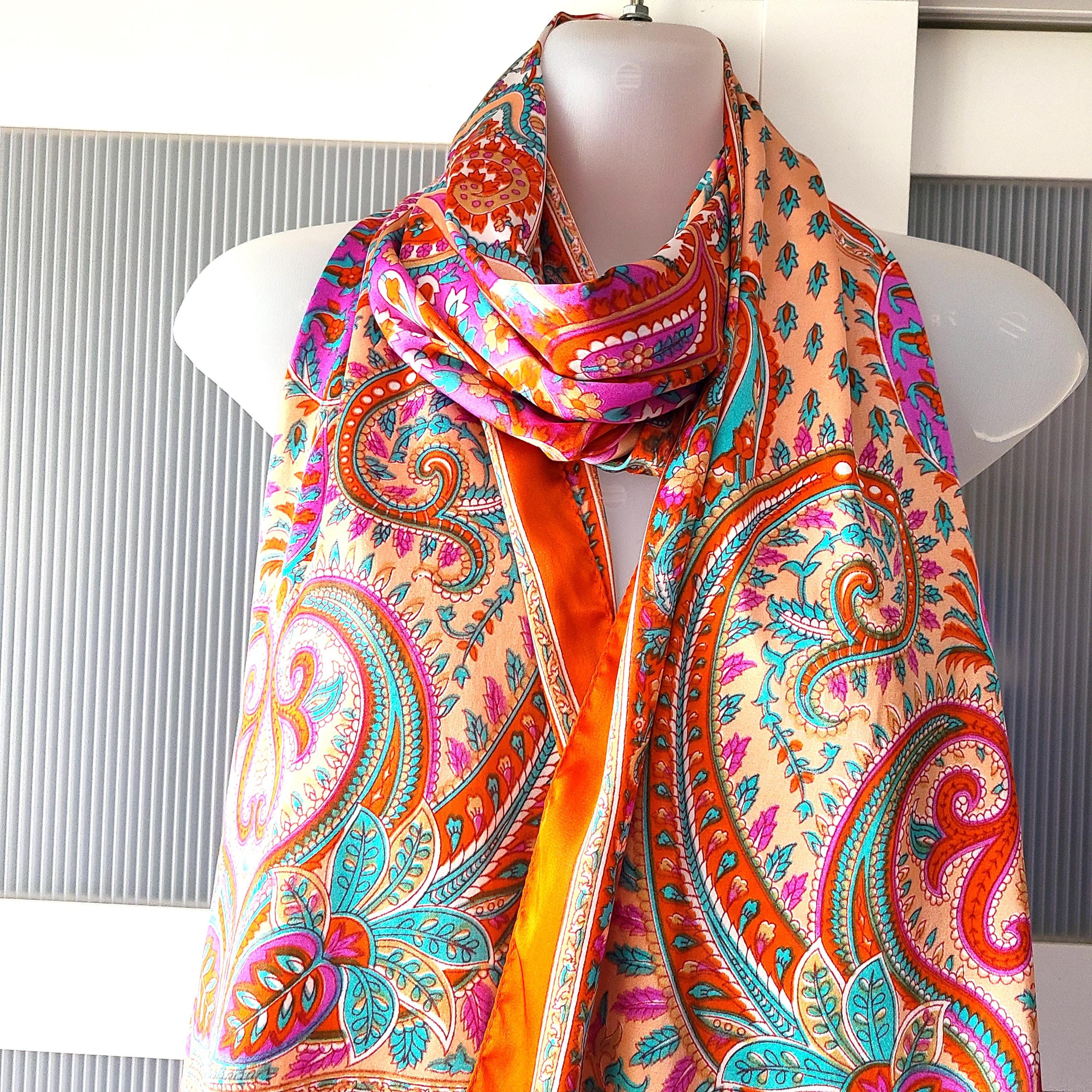 Silk Paisley Scarf: Orange, Pink, Teal Floral Wrap, Autumn  display picture 3
